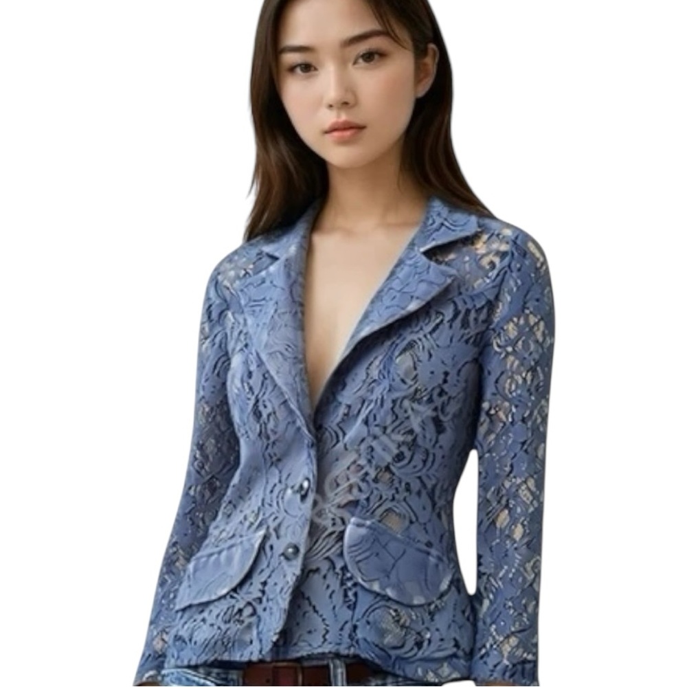 Fredericks of Hollywood Cropped Faux Lace Blazer in Baby Blue